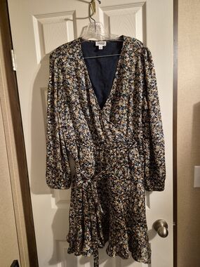 Floral Wrap Midi Dress in Navy with Yellow Blooms